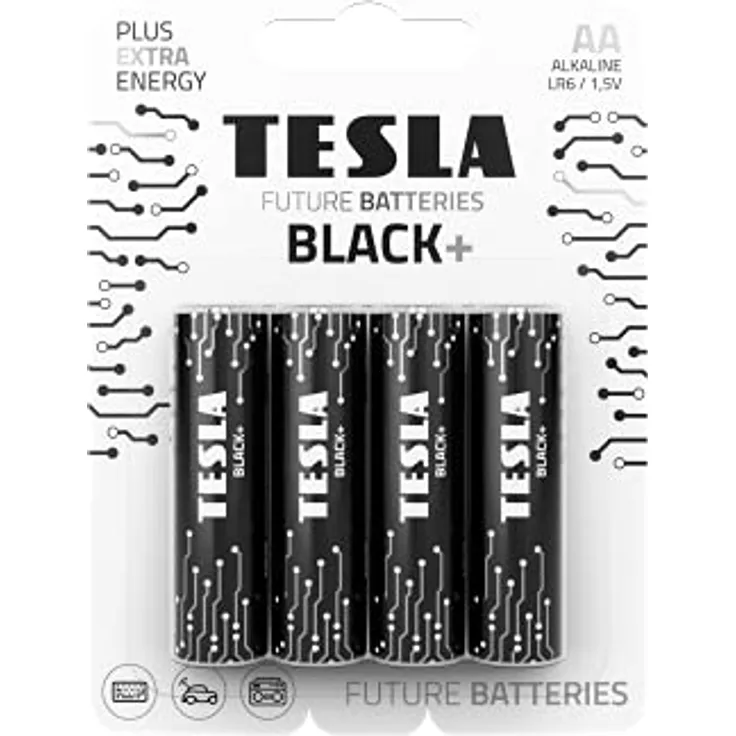 Batterien TESLA AA LR6 1,6 V Alkaline Plus Extra Energy – 4 Stück – Design Black +