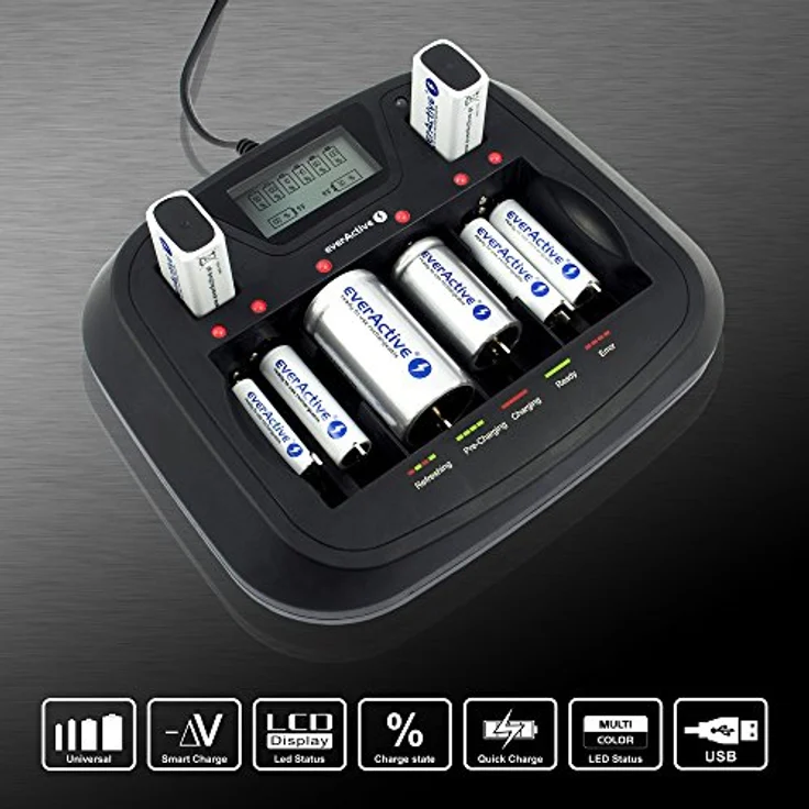 everActive Ladegerät für 8 Akkus AAA AA C D 9V, universal und schnell, vollautomatisch, LCD mit prozentualen Batteriestandsanzeiger, Modell: NC-900U – Bild 3