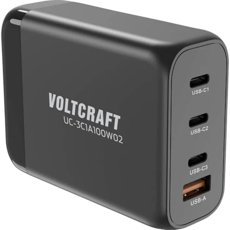 Voltcraft UC-3C1A100W02 USB-Ladegerät 100 W Innenbereich USB-C, USB-A 4 x GaN, USB Power Delivery (US), Schnellaufladung mit PD3.0 Unterstützung, Max. 100 W, 3 x USB-C 1 x USB-A, abnehmbares langes Stromkabel, unterstützt gleichzeitiges Aufladen mehrerer Geräte – Bild 1