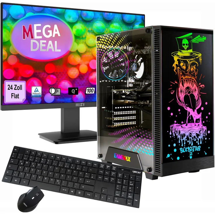 GameMax MegaDeal Rockstar SET2722, Multimedia-PC mit AMD Ryzen™ 5 5600GT, 16 GB RAM, 480 GB SSD und MSI PRO MP2412 24" LED-Monitor, schwarz