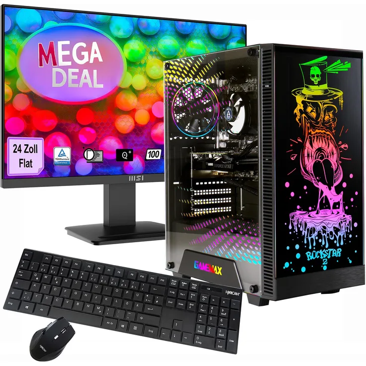 GameMax MegaDeal Rockstar SET2722, Multimedia-PC mit AMD Ryzen™ 5 5600GT, 16 GB RAM, 480 GB SSD und MSI PRO MP2412 24" LED-Monitor, schwarz