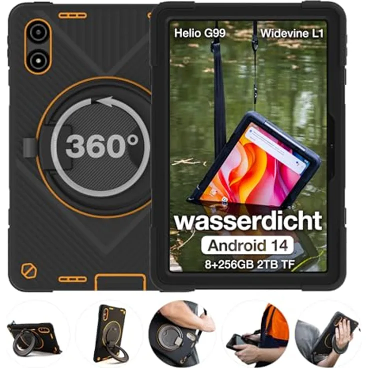 AGM PAD P2 Active P2W Outdoor Tablet Android 14 (2024), 16+8GB RAM + 256GB, 11'' FHD Display, 50MP + 8MP, Dual SIM 4G/5G WiFi/OTG/IP69K/Widevine L1/G99, mit Hülle, 360° Drehbarer Ständer, Schultergurt
