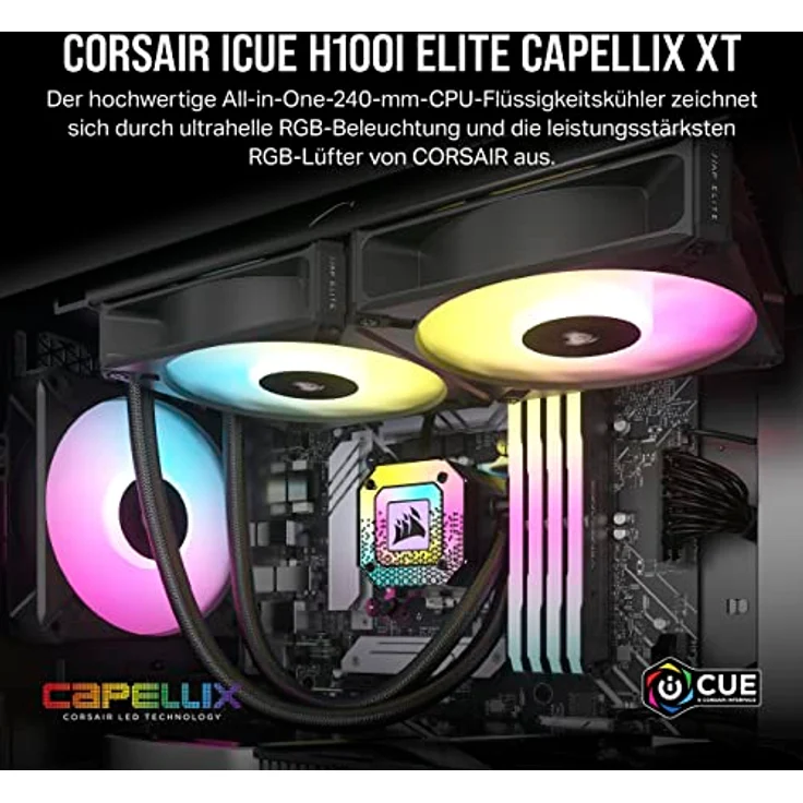 Corsair iCUE H100i ELITE CAPELLIX XT Liquid CPU Cooler - Schwarz, Zwei AF120 RGB ELITE Lüfter, 240mm Radiator - Inklusive iCUE COMMANDER CORE – Bild 2