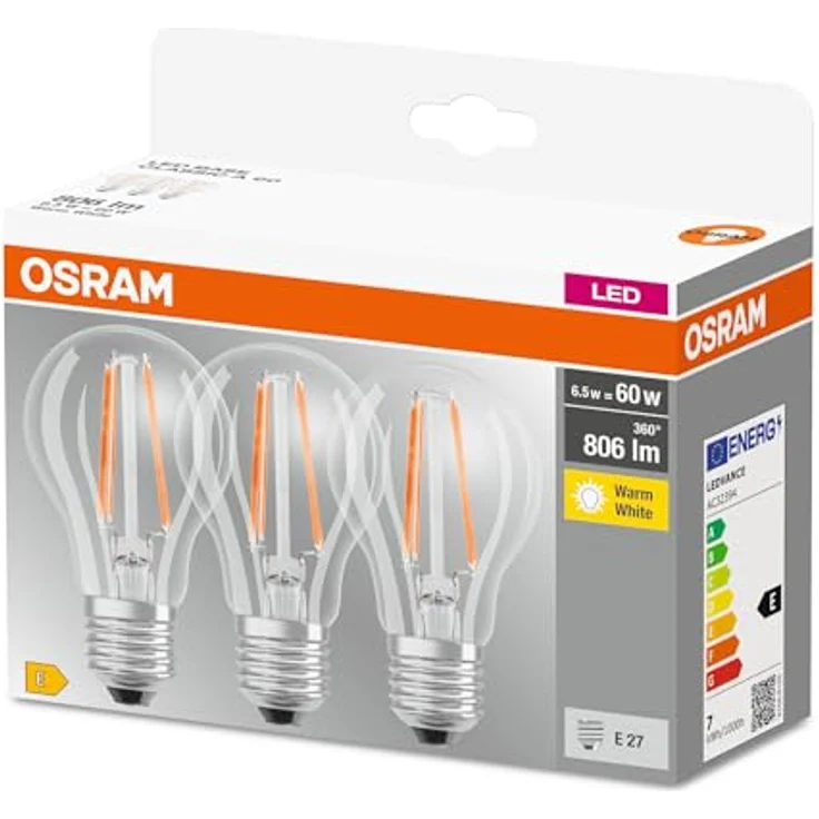 OSRAM LED-Lampe Base Classic A Filament E27, warmweiß, 6,5 Watt (60W), 3 Stück – Bild 4