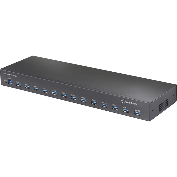 Renkforce 483mm (19") Rack Mount 13-Port USB 3.2 Gen 2 Hub, 10 Gbps, geeignet für industrielle Anwendungen und Rackmontage