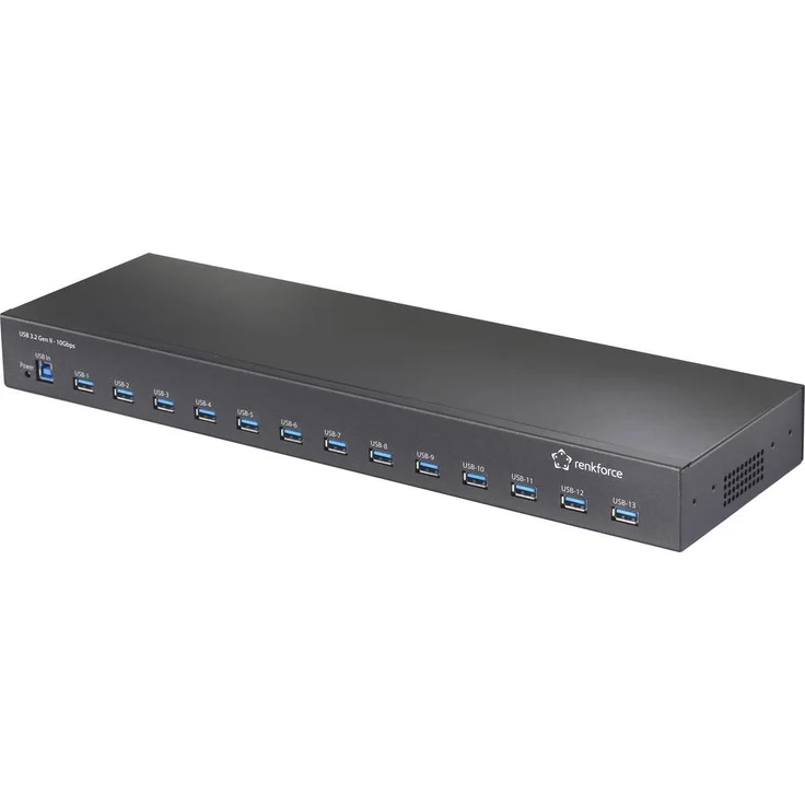 Renkforce 483mm (19") Rack Mount 13-Port USB 3.2 Gen 2 Hub, 10 Gbps, geeignet für industrielle Anwendungen und Rackmontage