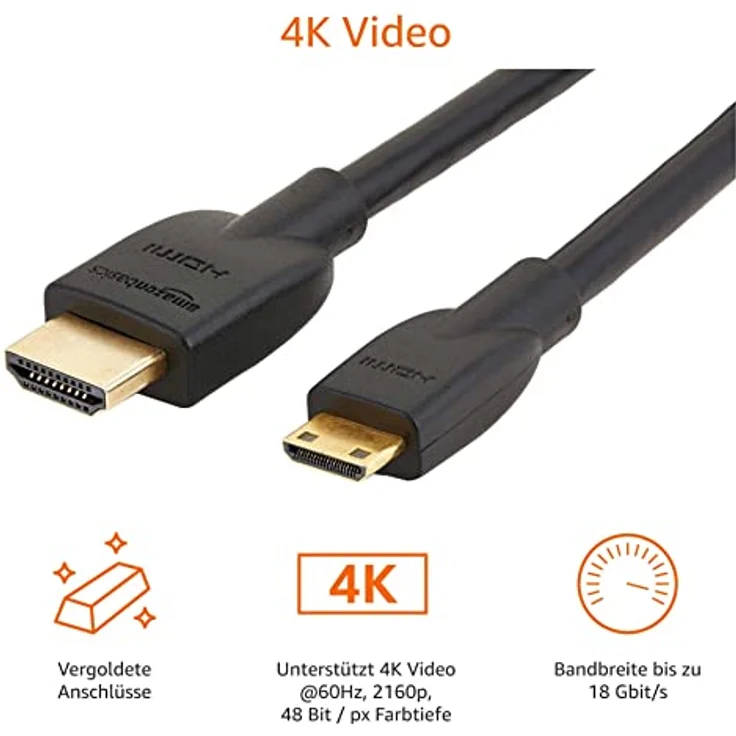 AmazonBasics HL-007342 Hochgeschwindigkeits-HDMI-Kabel, Typ Mini-HDMI auf HDMI, HDMI-Standard 2.0 - 1,8 m meter,Schwarz – Bild 6