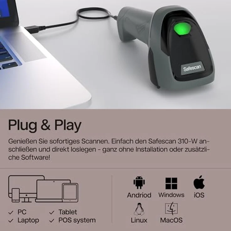 Safescan 310-W Barcodescanner, Handscanner für 1D- und 2D-Barcodes, Plug & Play mit 1,5 m USB-Kabel und Ständer – Bild 4