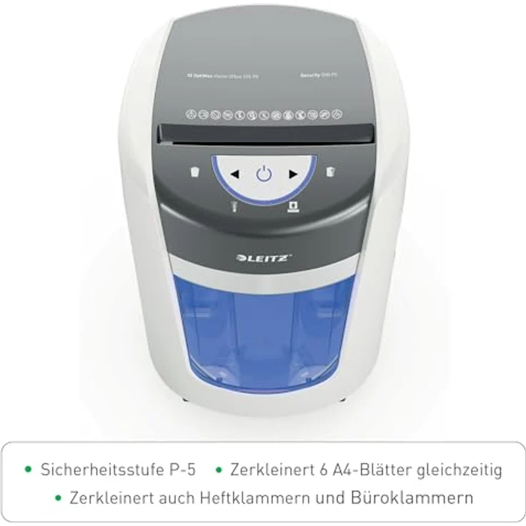 Leitz IQ OptiMax Home Office 225 P5, Aktenvernichter mit Mikro-Partikelschnitt, 90 Blatt Kapazität, leiser Betrieb, Anti-Papierstau-Technologie – Bild 5
