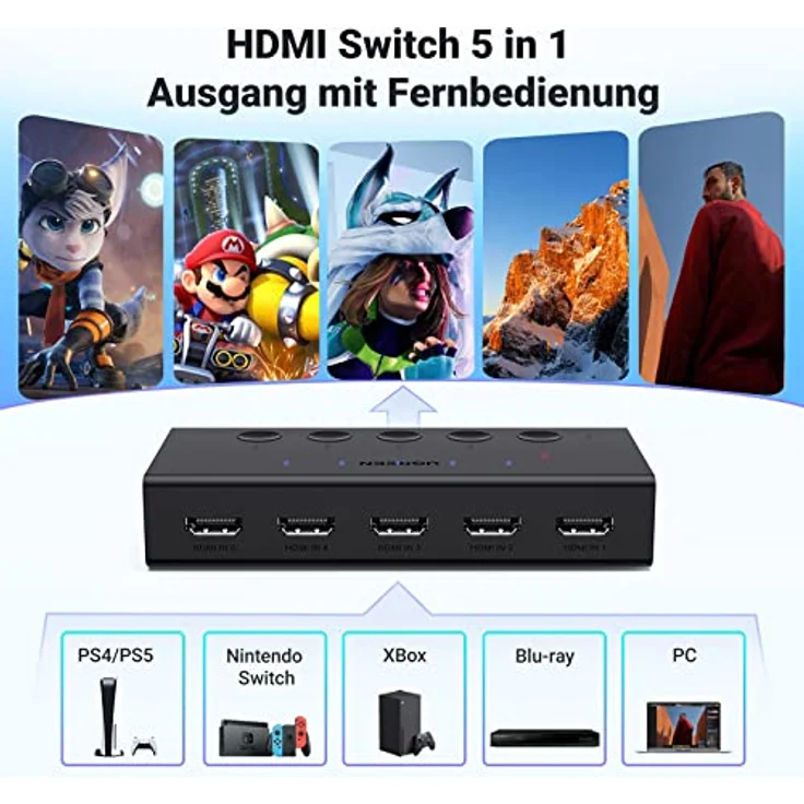 UGREEN HDMI 2.0 Switch 5 in 1out HDMI KVM Switch Splitter 4K@60Hz HDMI KVM Switch Unterstützung 3D/CEC/HDR/HDCP 2.2, Kompatibel mit PS5/4, Xbox, Apple TV, Skybox, Blu-Ray, HDTV, Monitor, etc. – Bild 2