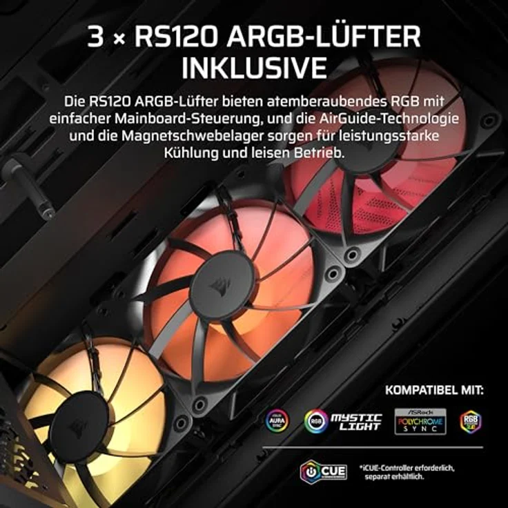 CORSAIR 3200D RS ARGB Mid-Tower ATX PC-Gehäuse, 3x RS120 ARGB PWM-Lüfter, GPU-Anti-Sag-Stabilisierungsarm, USB-Typ-C, Schwarz – Bild 5