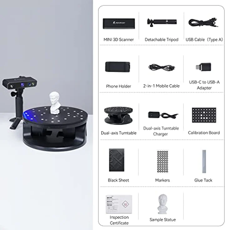 Revopoint Mini tragbarer 3D-Scanner mit doppelter Achse, flach, Genauigkeit 0,02 mm, blaues Licht, professioneller 3D-Scanner für 3D-Drucker, Schmuck, Dental, kleine Gegenstände – Bild 5