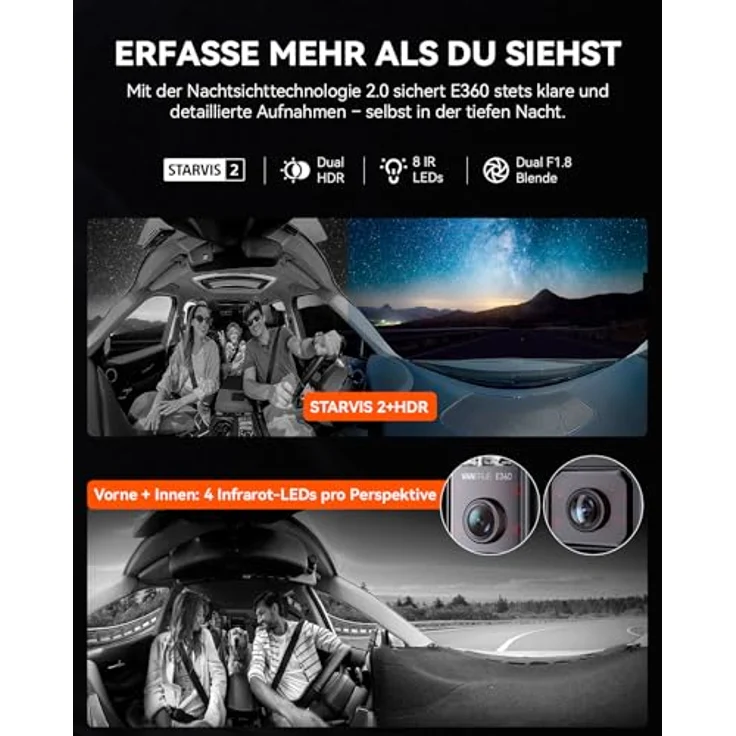 VANTRUE E360, 5.2K Panorama Dashcam mit Dual STARVIS 2 HDR, 360° Aufzeichnung, 1.54" Touchscreen, WiFi, GPS, Parkmodus, max. 1TB Erweiterbarkeit, inklusiveoptionalem Zubehör – Bild 4