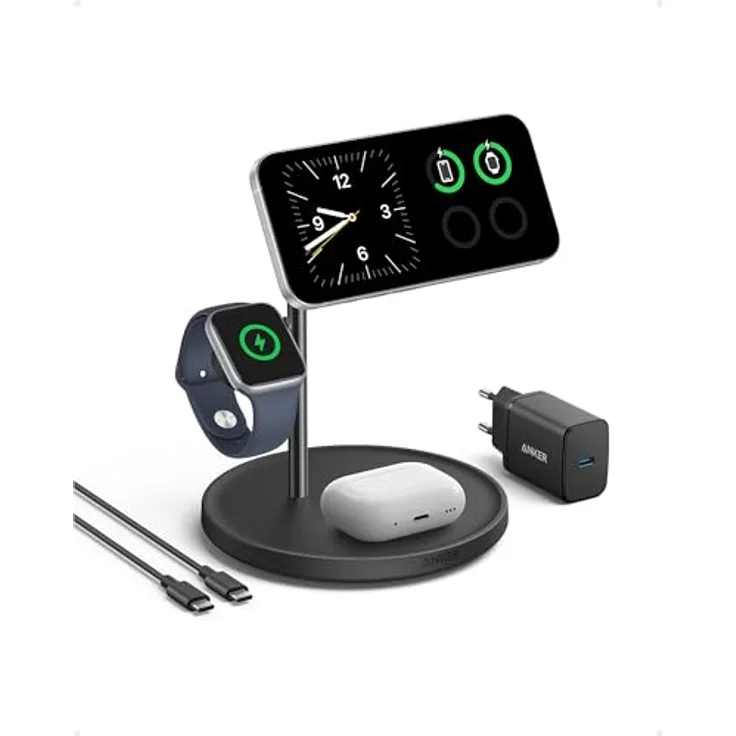 Anker MagGo 3-in-1 Kabellose Ladestation, 15W Schnellladung, MagSafe-kompatibel, Qi2-zertifiziert für iPhone 17/16/15/14, AirPods Pro, Apple Watch Ultra (inkl. 40W USB-C Netzteil und Kabel)