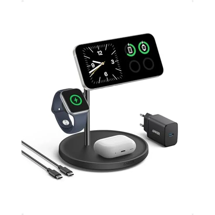 Anker MagGo 3-in-1 Kabellose Ladestation, 15W Schnellladung, MagSafe-kompatibel, Qi2-zertifiziert für iPhone 17/16/15/14, AirPods Pro, Apple Watch Ultra (inkl. 40W USB-C Netzteil und Kabel) – Bild 1
