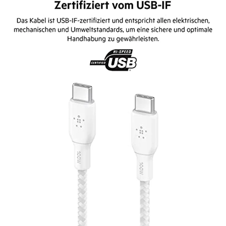 Belkin BoostCharge USB-C/USB-C Kabel 100W, 2m, weiß - langlebig, doppelt geflochtenes Nylon, bis zu 480 Mbps Datenübertragungsrate – Bild 7