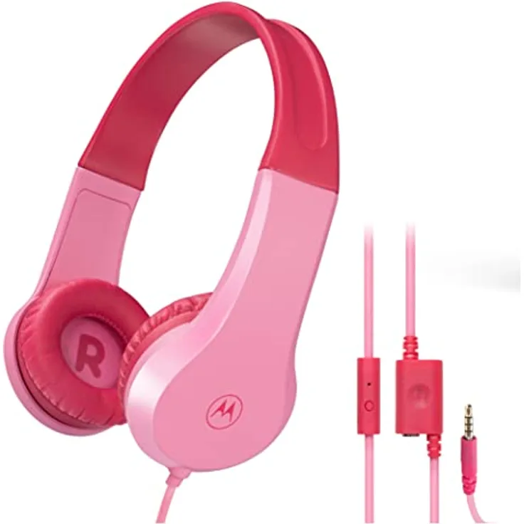 Motorola Sound MOTO JR200, Kinder Kopfhörer mit Kabel, Lautstärkebegrenzung 85 dB, Audio Splitter, BPA-frei, ab 3 Jahren, Rosa