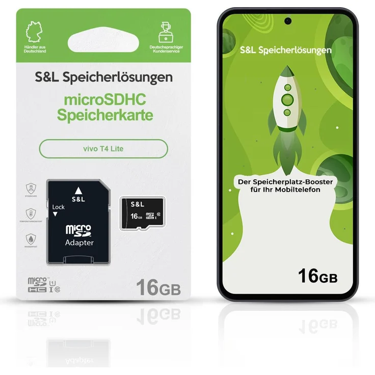 S&L microSD Speicherkarte 16 GB für vivo T4 Lite, Class 10 U1, stoßsicher und wasserdicht