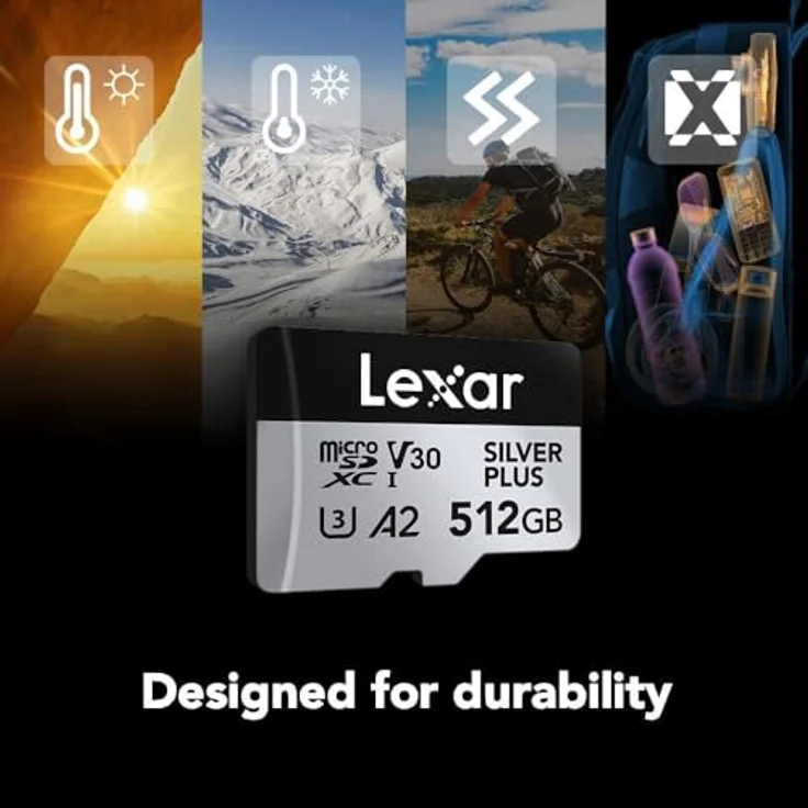 Lexar Silver Plus Micro SD Karte 512 GB, bis zu 205 MB/s Lesegeschwindigkeit, 150 MB/s Schreibgeschwindigkeit, UHS-I, A2, U3, V30, Class 10, 4K UHD microSDXC, mit SD Adapter – Bild 4