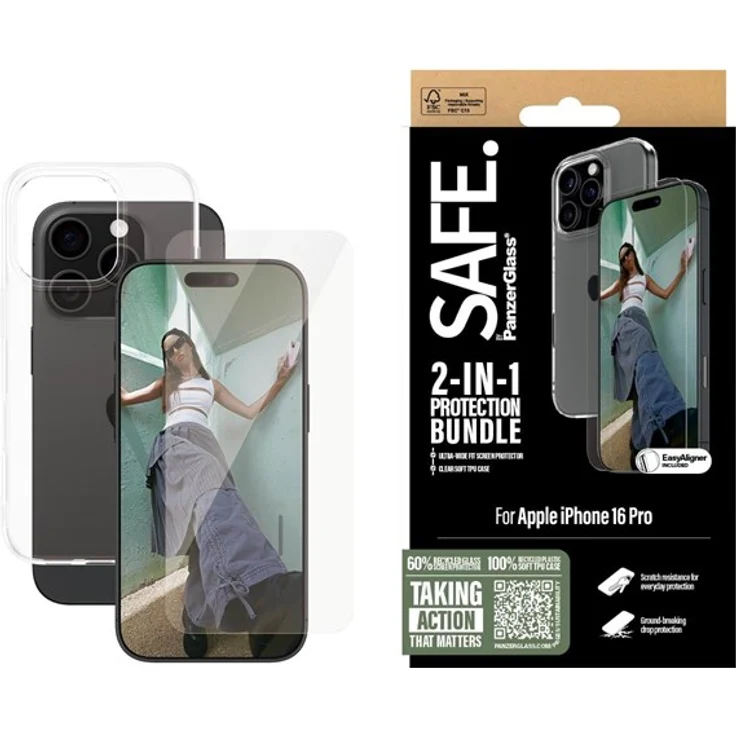 SAFE by PanzerGlass 2-in-1 Protection Bundle für iPhone 16 Pro, Displayschutzfolie mit 60% recyceltem Glas, militärischer Stoßfestigkeit und kratzfester Oberfläche