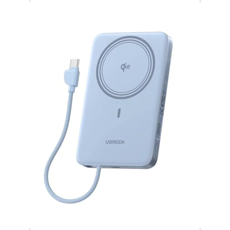 UGREEN MagFlow Air Power Bank, Ultra Slim 10000mAh, 15W MagSafe Powerbank, Qi2-zertifiziert, PD 30W Schnellladung, Integriertes Kabel, Ergonomisches Design, Blau – Bild 1