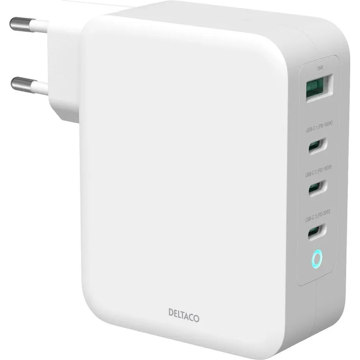 Deltaco USBC-GAN04, 130 W USB Ladegerät mit GaN-Technologie, 4 Anschlüsse, Weiß