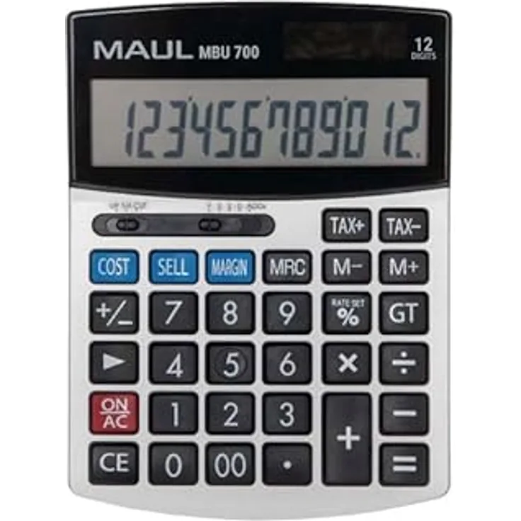 MAUL MBU 700, kaufmännischer Taschenrechner mit 12-stelligem Display, Gewinn-Kosten-Marge-Funktion, Solar/Batterie, schwarz