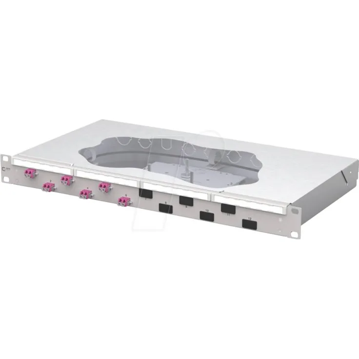 Metz Connect OpDAT fix2 Patchfeld splice 6xLC-D OM4 für 19 Zoll Rack, 1 HE, grau mit umfangreicher Kabeleingangsmöglichkeit