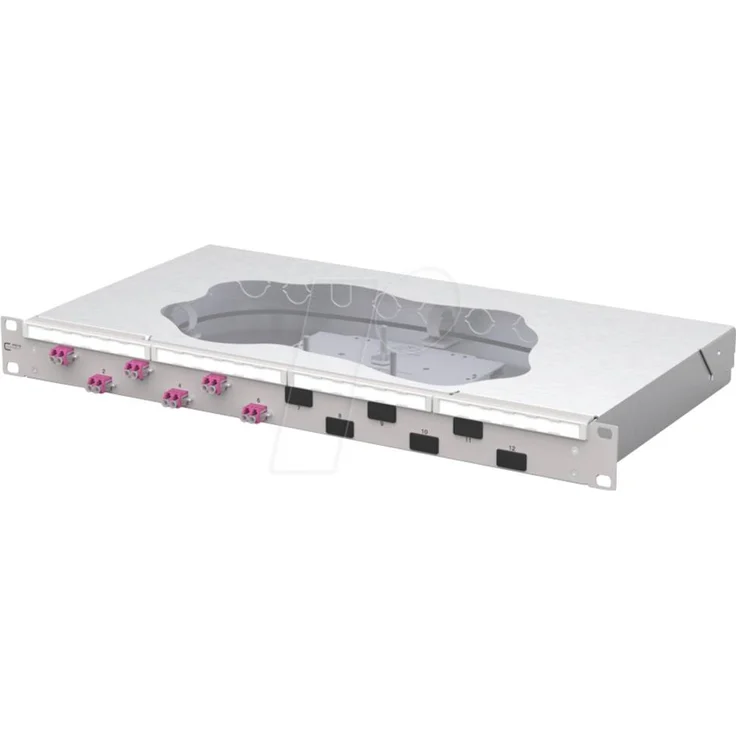 Metz Connect OpDAT fix2 Patchfeld splice 6xLC-D OM4 für 19 Zoll Rack, 1 HE, grau mit umfangreicher Kabeleingangsmöglichkeit