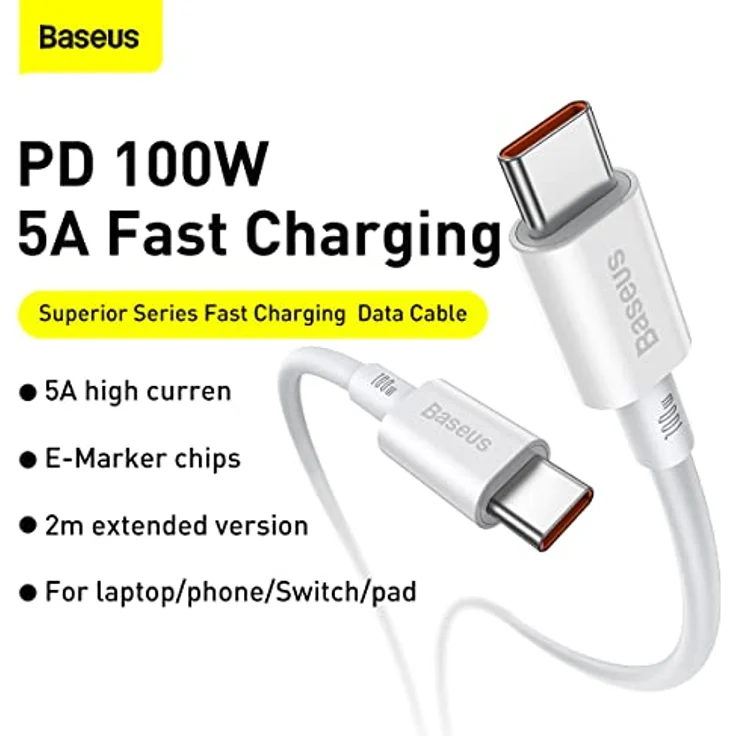 Baseus Superior Series USB-C auf USB-C Kabel, Schnellladung 100W (5A, 20V), 2m, weiß – Bild 2