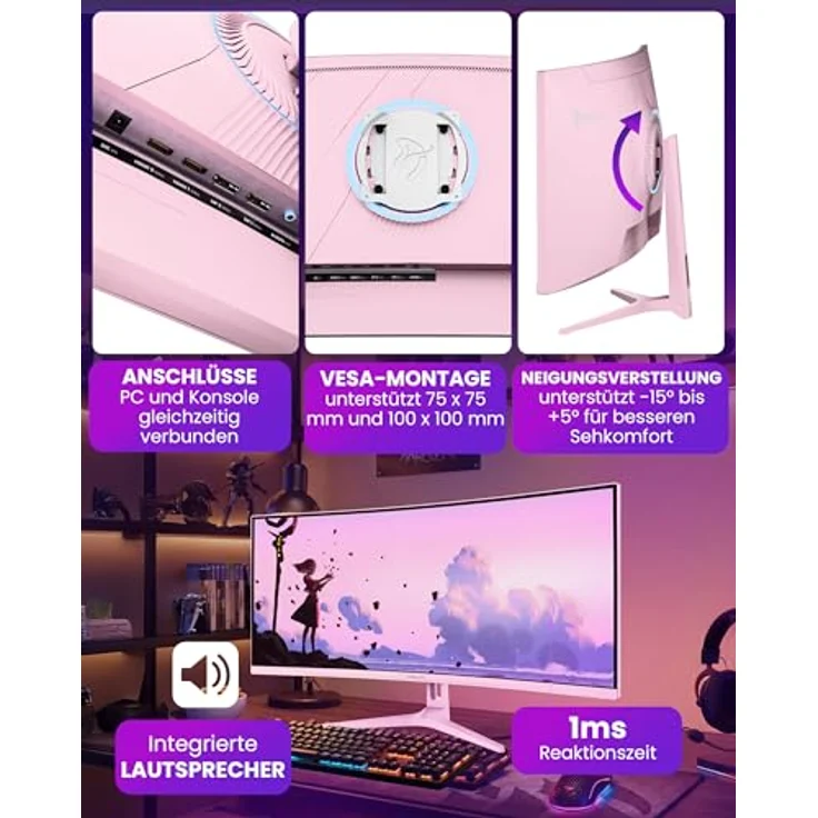 Arozzi Nova 34" Curved Gaming Monitor, VA 165Hz Ultrawide QHD 1440p, HDR10, flimmerfrei, 90% sRGB, rosa – Bild 3