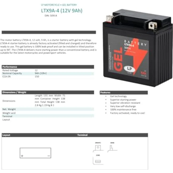 Landport MG LTX9A-4 Motorradbatterie, 12V 9Ah Gel-Batterie mit 150A Kaltstartstrom, wartungsfrei und auslaufsicher – Bild 6