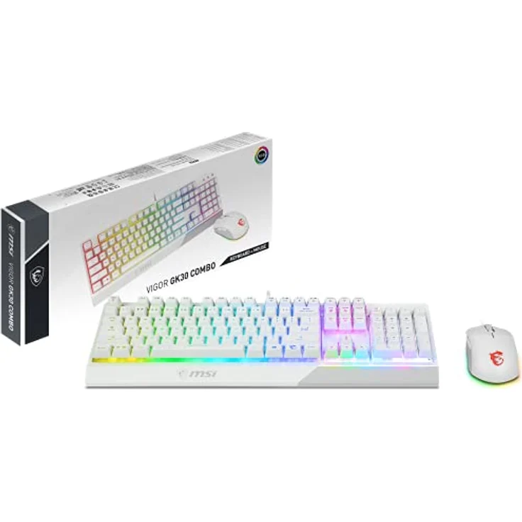 MSI Vigor GK30 Combo IT, Semi Mechanische Gaming-Tastatur + Maus Clutch GM11, RGB Mystic Light, Multimedia-Hotkey, wasserabweisend, italienisches Layout, weiß – Bild 1