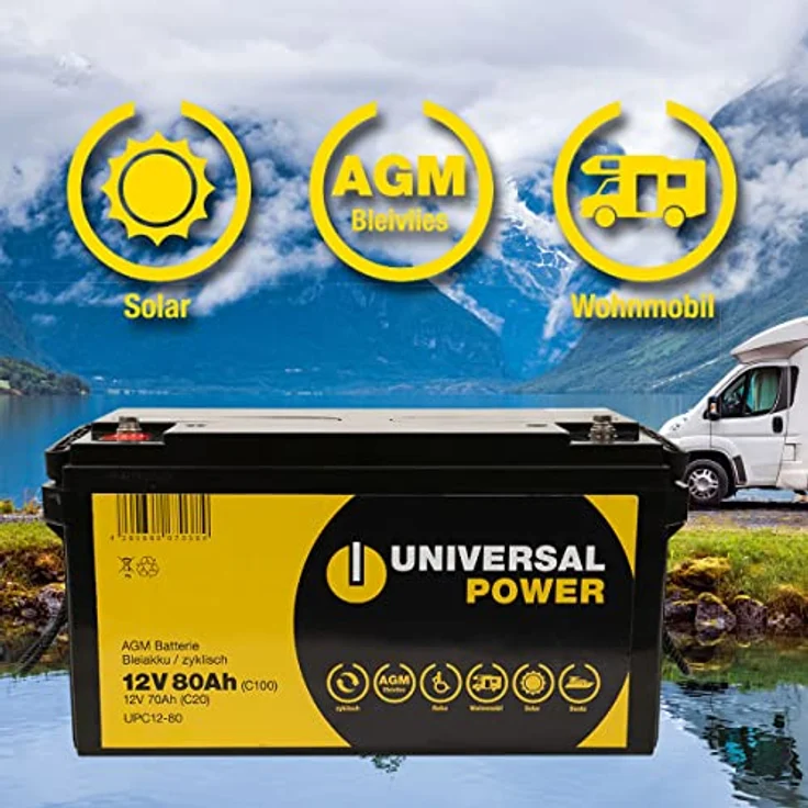 Universal Power UPC12-80 12V 80Ah AGM Solarbatterie Wohnmobilbatterie, Rüttelfest, schnellladend, kältebeständig, wartungsfrei - in Schwarz – Bild 2