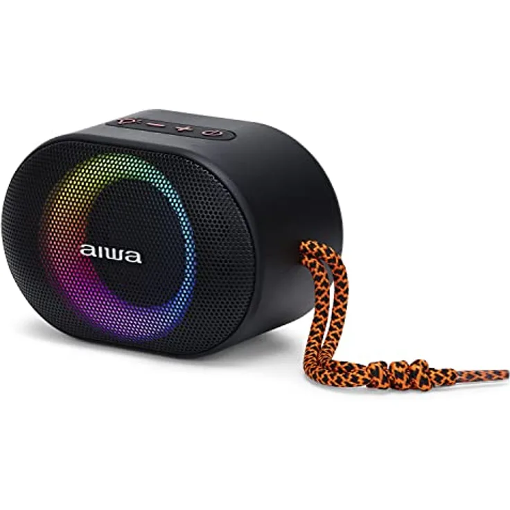 Aiwa BST-330BK Kompakter TWS Bluetooth-Lautsprecher, langlebig und leistungsstark, mit Hyperbass-Technologie, 10 W Leistung, RGB-Beleuchtung, Kartenleser, Wasserdicht Farbe: Schwarz und Orange