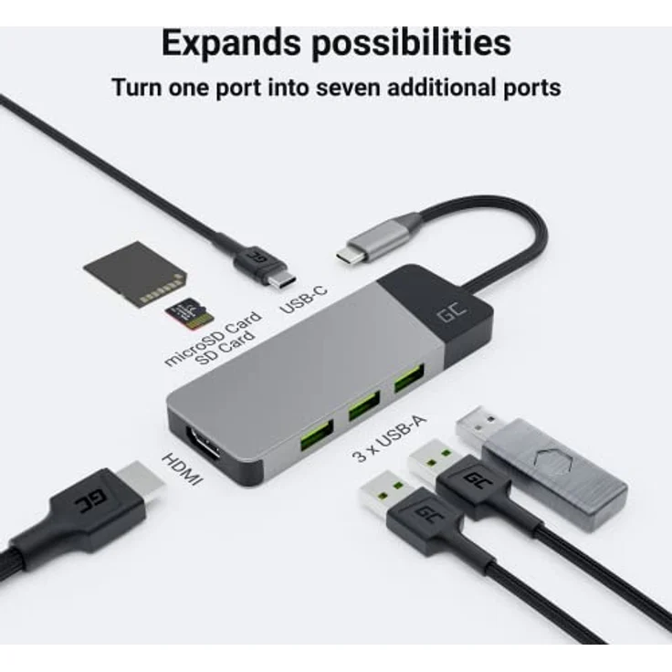 Adapter, Docking Station HUB USB-C PD 85W GC Connect 7in1 (3X USB-A 3.1 HDMI 4K 60Hz SD microSD) für Apple MacBook M1/M2, Lenovo ThinkPad X1, Asus ZenBook, Dell XPS, Samsung DeX-Unterstützung – Bild 3