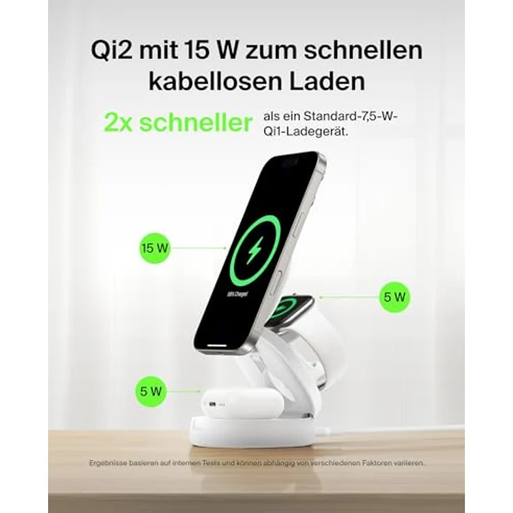 Belkin BoostCharge MagSafe Ladegerät, verstellbare 3-in-1 Ladestation mit Qi2-Zertifizierung, 15-W Schnellladung für iPhone 16, Apple Watch und AirPods, Weiß, inkl. 36-W-Netzteil – Bild 3