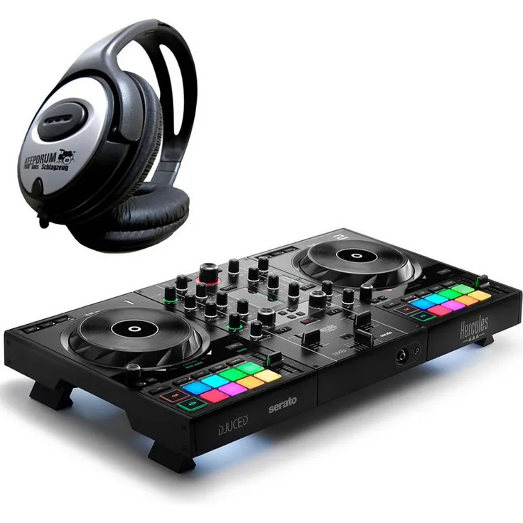 HERCULES DJ Controller Inpulse 500, 2-Deck DJ Controller mit 14cm Jog-Wheels, 16 RGB-Pads und keepdrum Kopfhörer