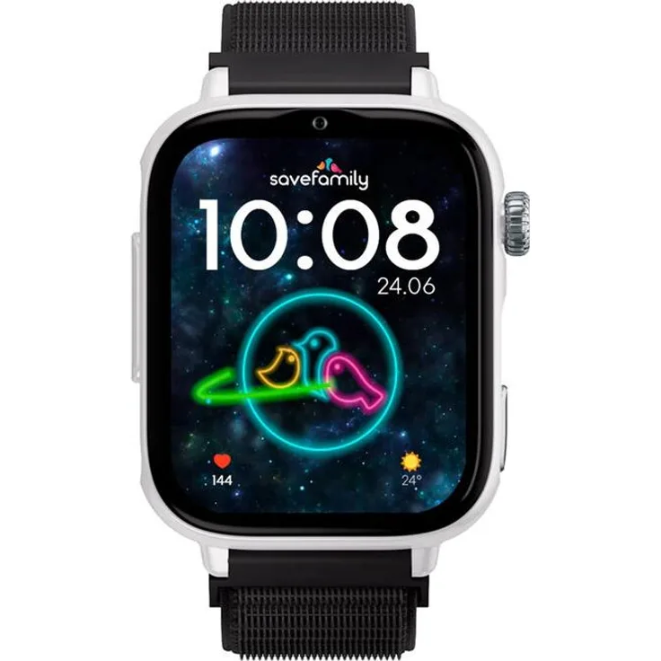 SaveFamily SaveWatch Plus 2, 1,85" AMOLED Smartwatch, GPS, 16 GB, IP68, Blutdruckmessung, schwarzes Textilarmband