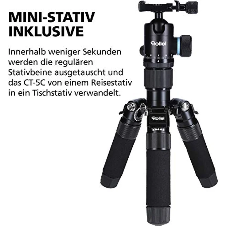 Rollei Carbon Stativ CT-5C I 3-in-1 Kamera-Stativ, Mini-Stativ und Monopod I 157 cm max. Höhe, 43 cm Packmaß, Makro-Funktion, Panorama-Kugelkopf – Bild 3