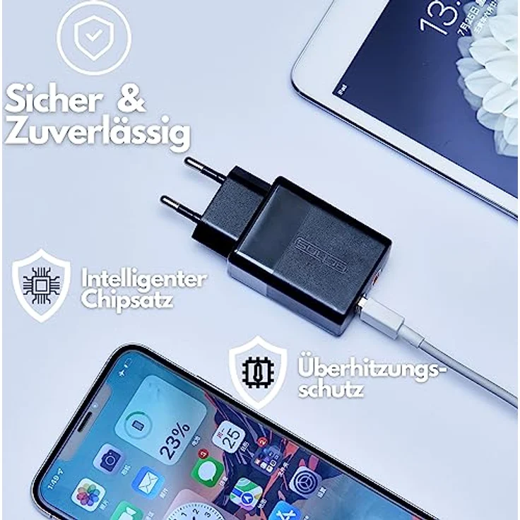 Echos 33W Ladegerät Dual Port USB C USB A Schnellladegerät Power Netzteil PD QC 3.0 Ladegerät für iPhone Samsung Galaxy Ipad Huawei Xiaomi HTC Sony LG (Soma Schwarz 33W) – Bild 4