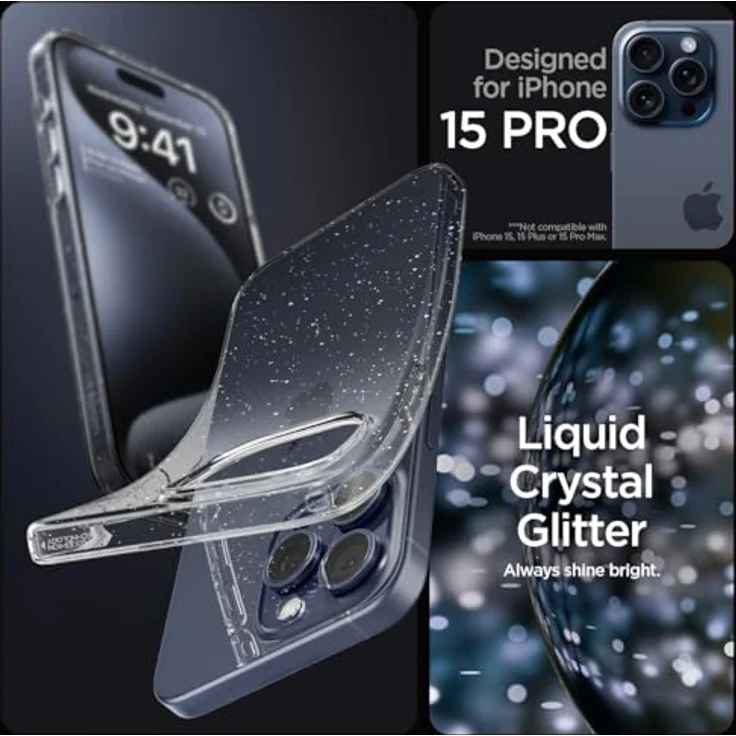 Spigen Liquid Crystal Glitter Hülle Kompatibel mit iPhone 15 Pro - Crystal Quartz, Transparentes TPU Material mit Glitzer - Display- und Kamera-Schutz, Air Cushion Technologie, Kristallklare Eleganz – Bild 2