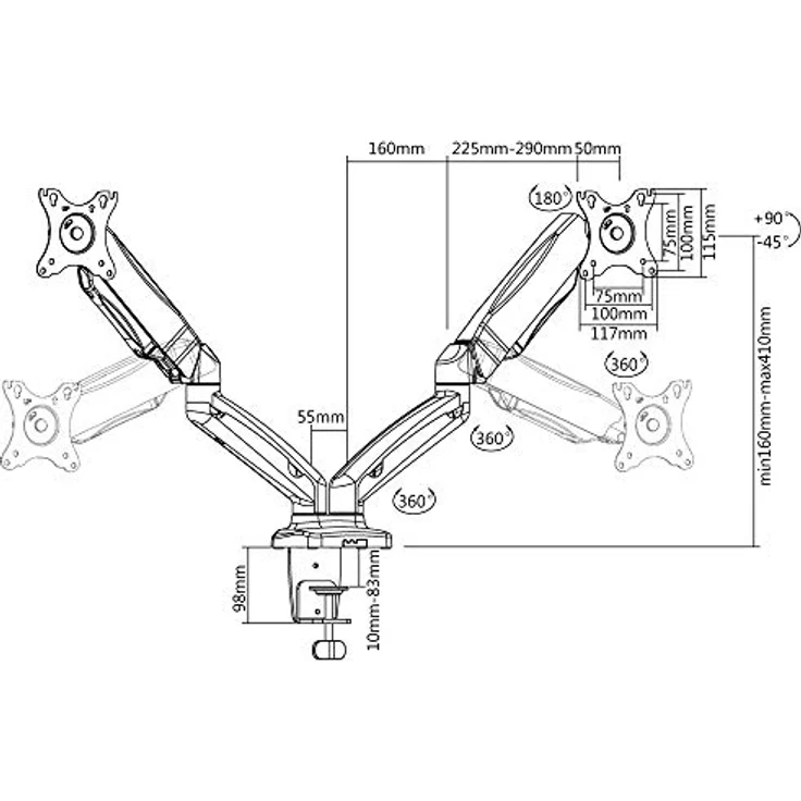 Dual 2 Fach Tischhalterung mit Gasdruckfeder für LED und LCD Monitore bis 27 Zoll VESA 75x75 100x100 HALTERUNGSPROFI OFFICE-GS224 (2 Monitore) – Bild 5