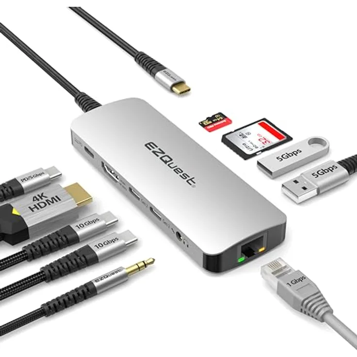 EZQuest USB C Hub 10 in 1 – Docking Station with 100W PD, HDMI 4k, 10Gbps Data - MacBook & Type C Devices Compatible