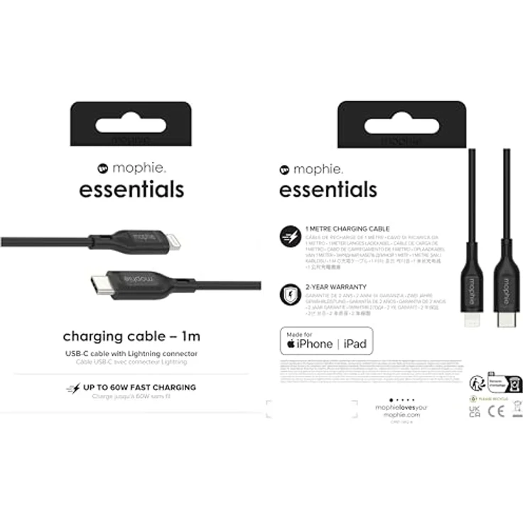 Mophie Essentials Lightning USB-C Kabel, 1 Meter, schnelles Aufladen, schwarze Farbe – Bild 6