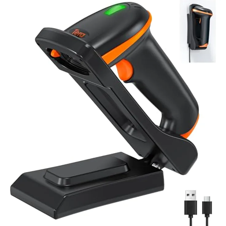 Tera D5100-CR, Kabelloser Barcode Scanner 1D 2D QR mit verstellbarem Klappständer, Wandmontage, 2,4 GHz & USB 2.0, orange Silikonschutz