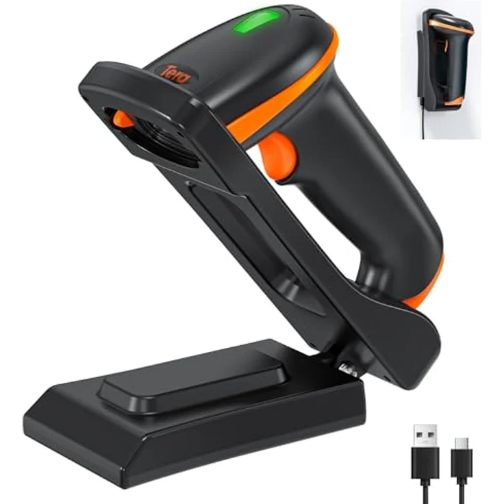 Tera D5100-CR, Kabelloser Barcode Scanner 1D 2D QR mit verstellbarem Klappständer, Wandmontage, 2,4 GHz & USB 2.0, orange Silikonschutz – Bild 1