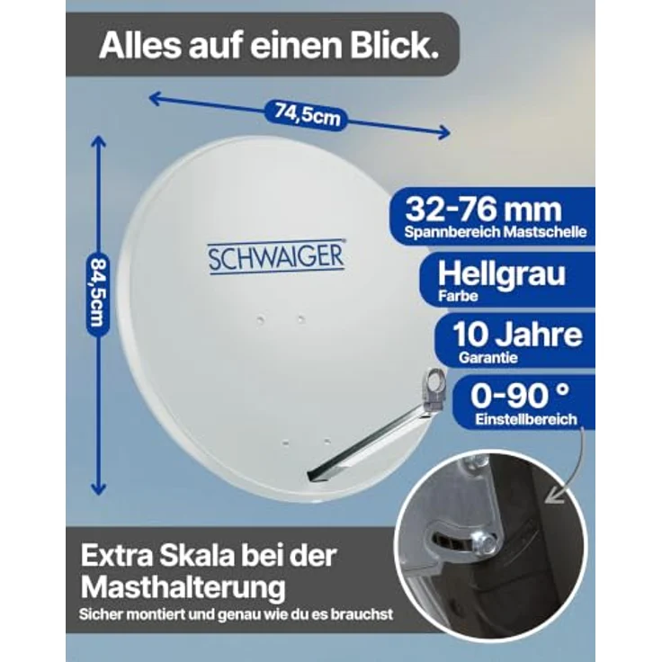 SCHWAIGER Satellitenschüssel Ø 80 cm Aluminium Offset Antenne in hellgrau, wetterfest, Multifeed geeignet, maximale Empfangsleistung 38,5 dB, inkl. LNB Tragarm & Masthalterung – Bild 5