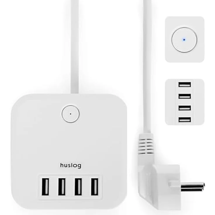 Huslog Mehrfachsteckdose Würfel 7-in-1 mit 3 Steckdosen & 4 USB-Anschlüssen, 1,5m Kabel, Mikroschalter mit LED, rutschfest, Weiß – Bild 4
