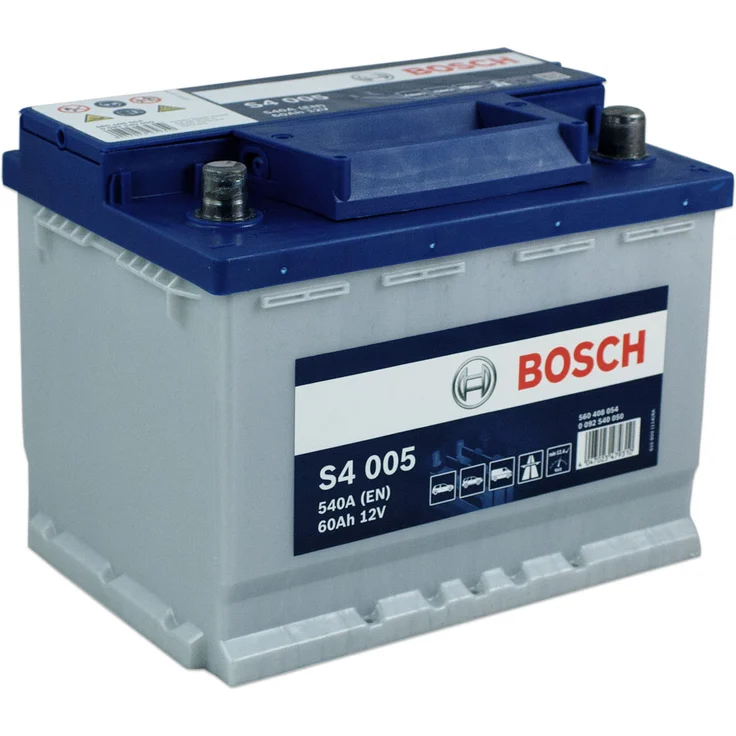 Bosch S4 005 Autobatterie 12V 60Ah 540A, wartungsfreie Säurebatterie für Kleinwagen und Mittelklasseautos, Maße 242 x 175 x 190 mm